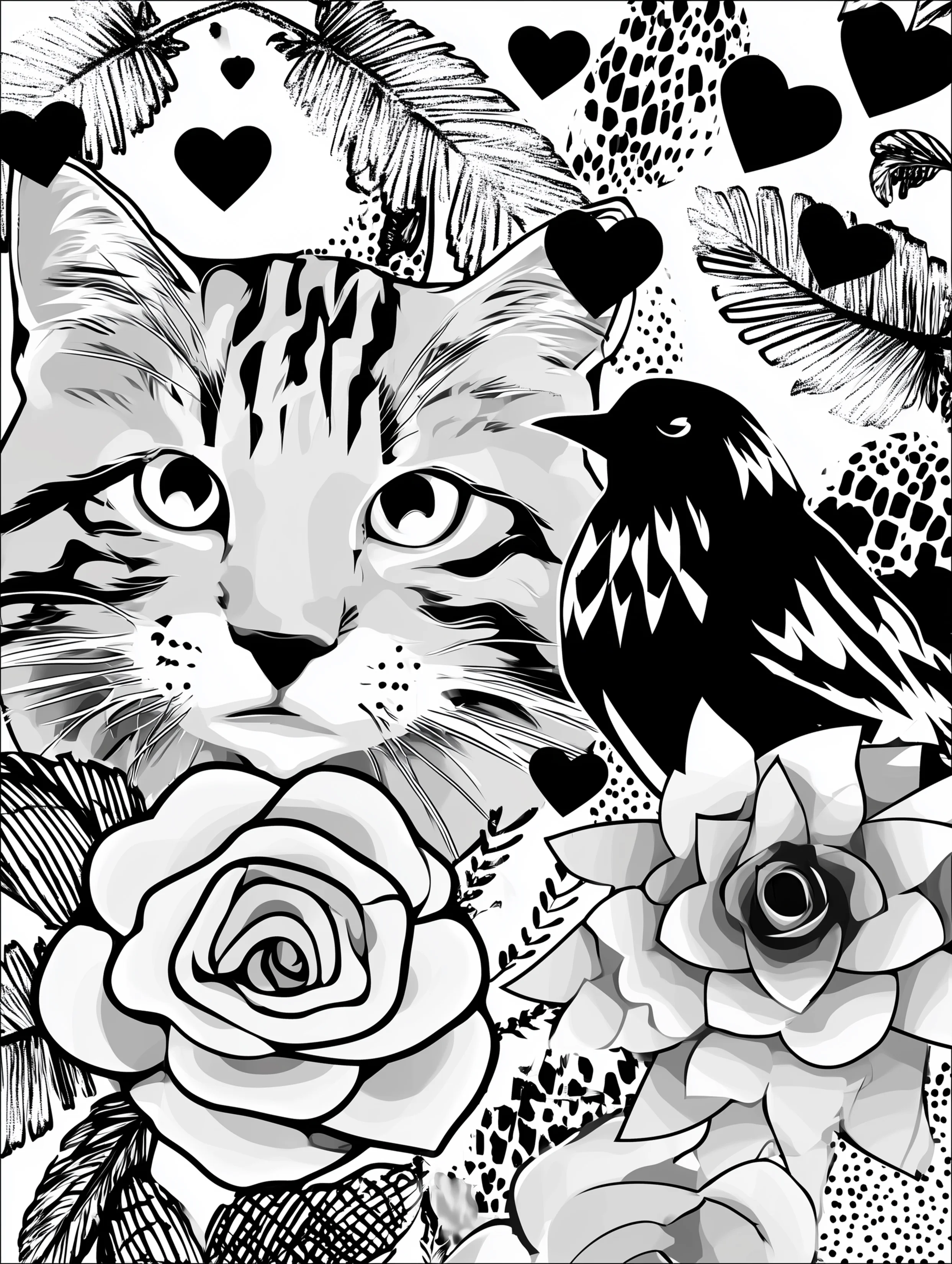 Free printable cats coloring page featuring a bird on the right side of a cat